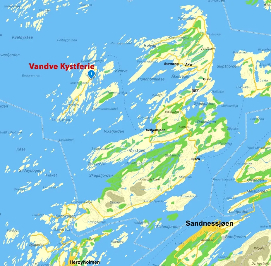 Kart over Helgelandskysten med Vandve Kystferie markert